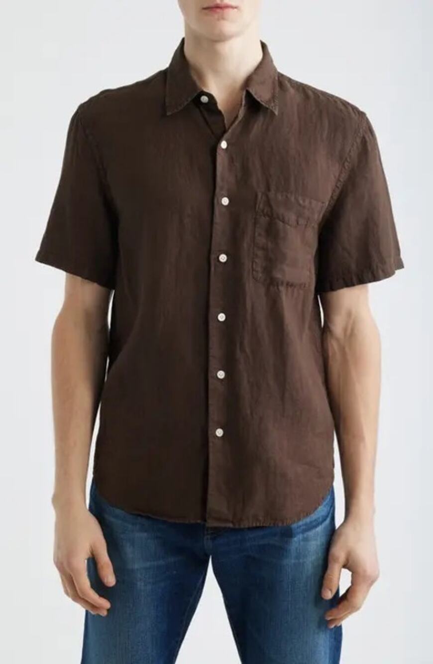 Thom Aaron L Shirt Button Up Down Brown 100% Linen Short Sleeve Casual Luxury
